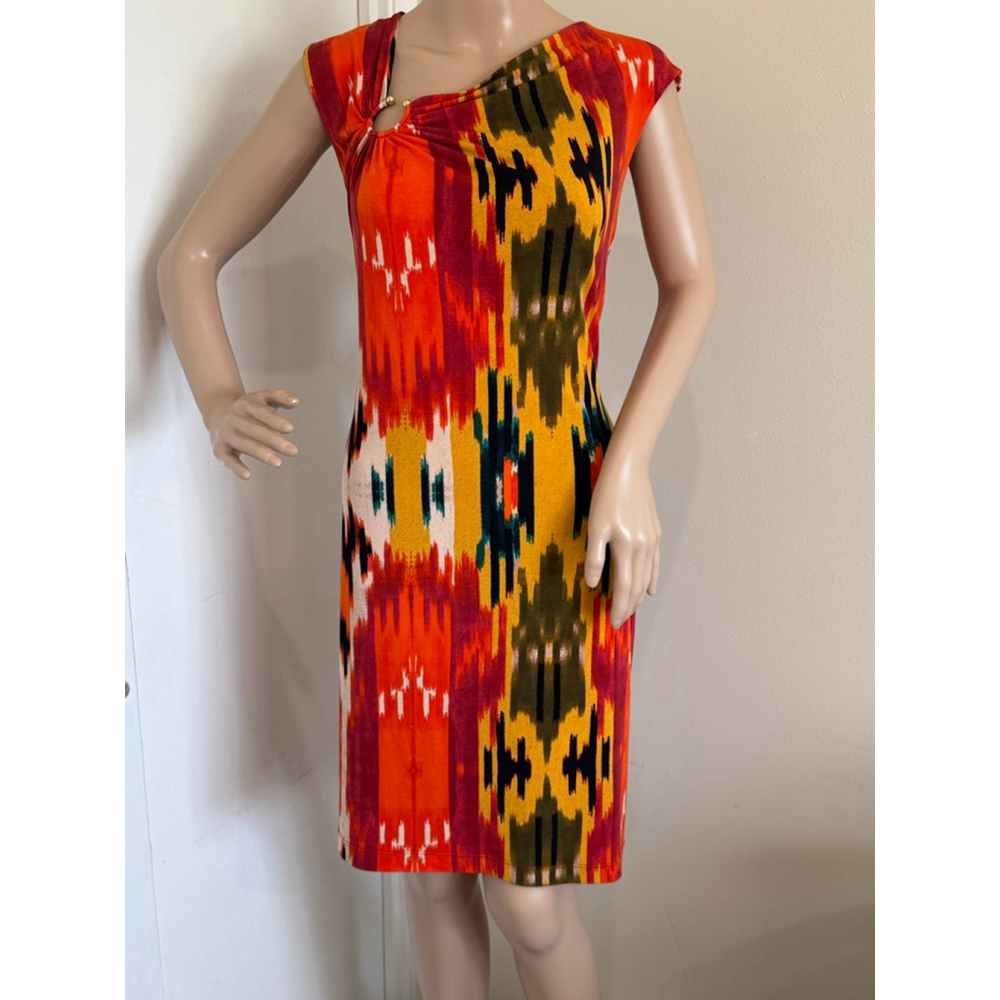 Calvin Klein Multicolor Ikat-Print Midi Dress - Red, Yellow, Green